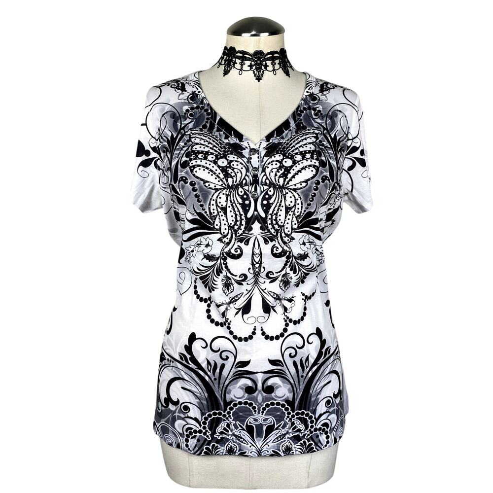 Y2K Apt 9. Rhinestone Filigree Butterfly Fairy Grunge Henley Gothic Tee Sz L